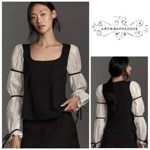 Anthropologie Black Blouse with White Sheer Sleeves